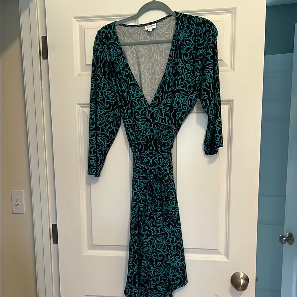 LuLaRoe Blue and Black Wrap Dress 3/4 Sleeve Plunge